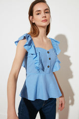 Blue Button Detailed Blouse