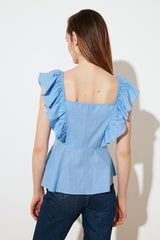 Blue Button Detailed Blouse