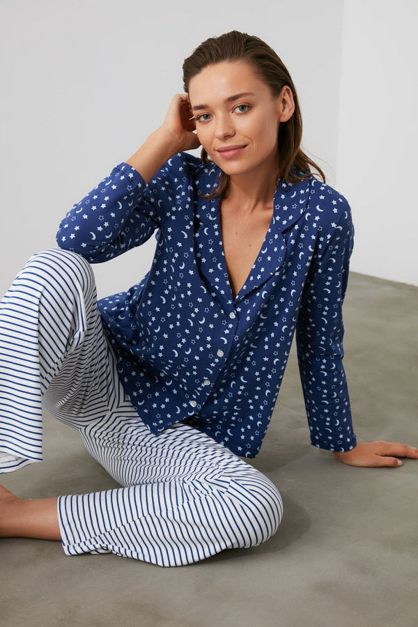 Navy Blue Knitted Pajamas Set