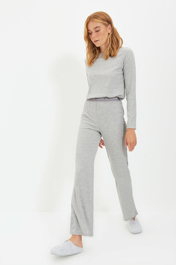 Grey Elastic Detailed Knitted Pajama Set
