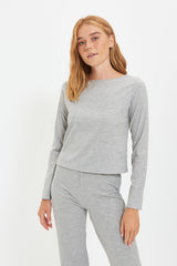 Grey Elastic Detailed Knitted Pajama Set