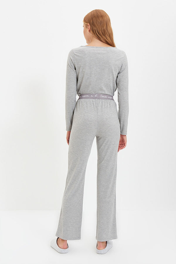 Grey Elastic Detailed Knitted Pajama Set