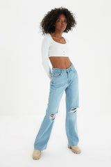 Blue Ripped Detailed High Waist Wide Leg Jeans