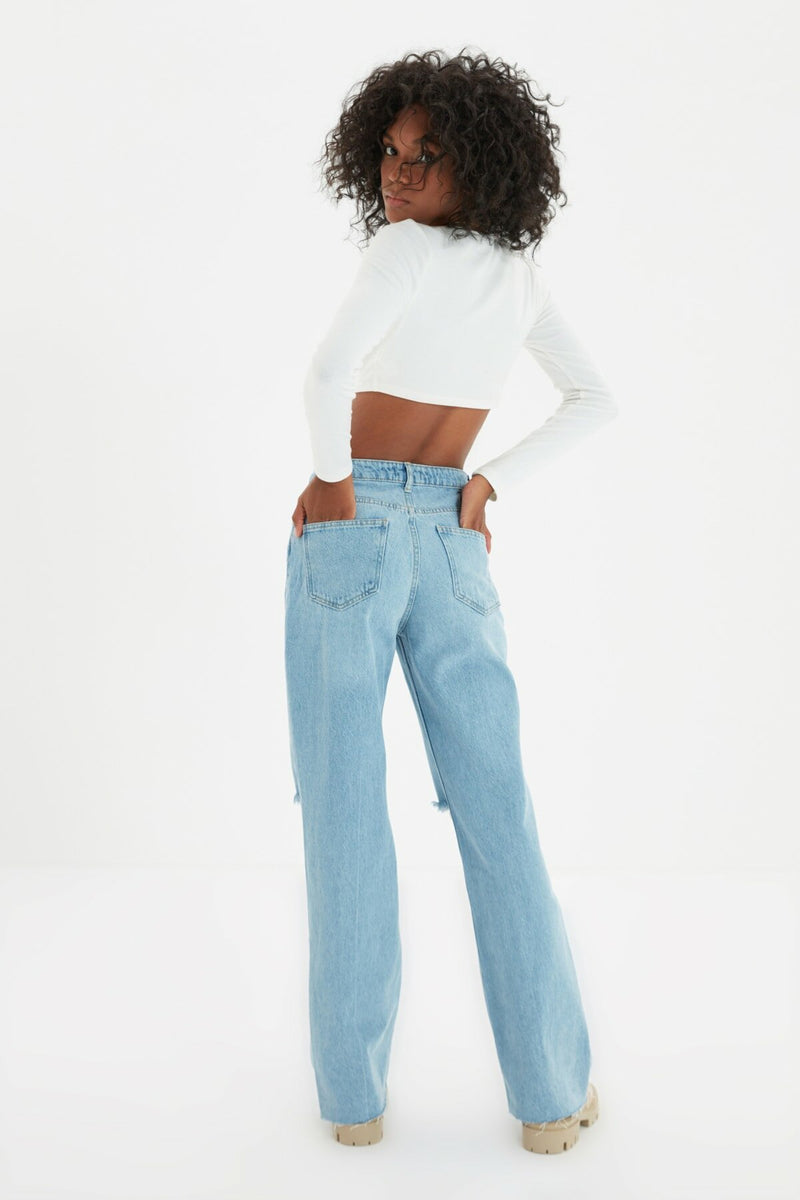 Blue Ripped Detailed High Waist Wide Leg Jeans