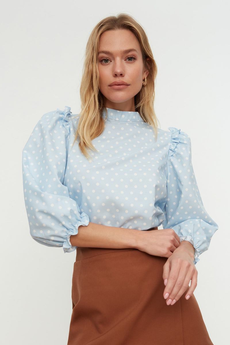 Blue Polka Dot Collar Balloon Sleeve Top