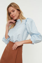 Blue Polka Dot Collar Balloon Sleeve Top