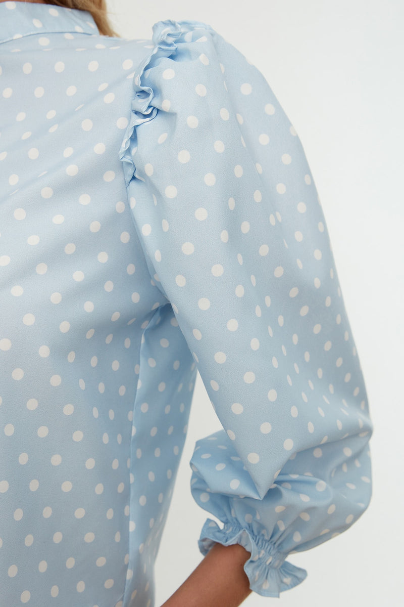 Blue Polka Dot Collar Balloon Sleeve Top