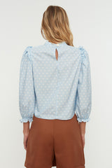 Blue Polka Dot Collar Balloon Sleeve Top