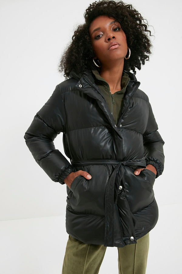 Black Hooded Belted Coat