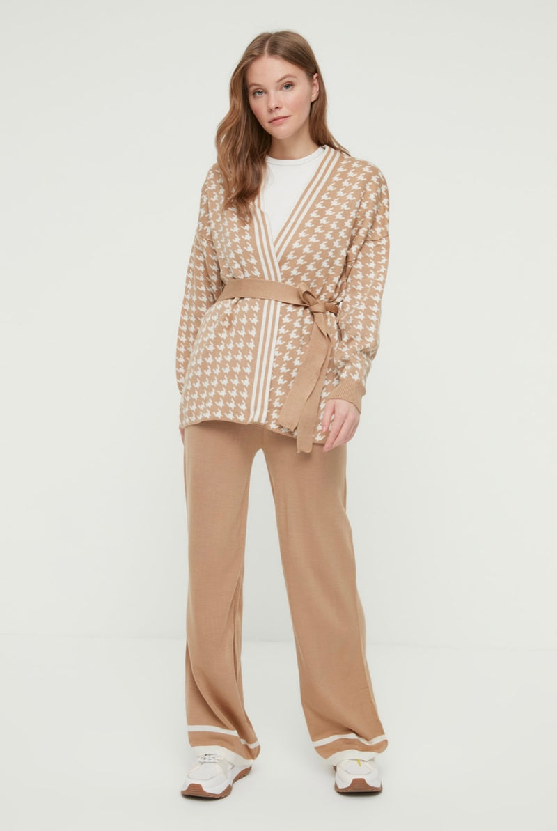 Camel Crowbar Belted Knitwear Co ord Set