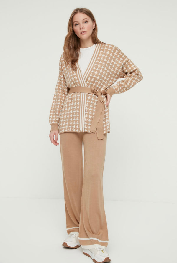 Camel Crowbar Belted Knitwear Co ord Set