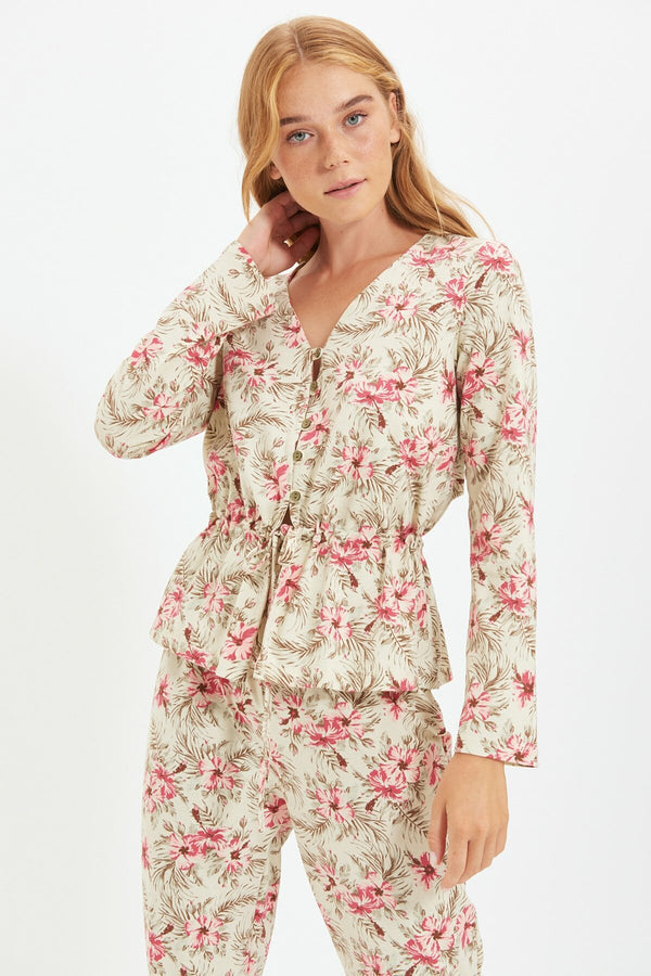 Floral Patterned Knitted Pajamas Set