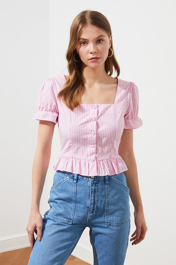 Pink Gingham Button Square Collar Top