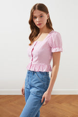 Pink Gingham Button Square Collar Top