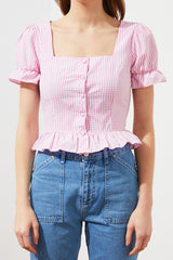 Pink Gingham Button Square Collar Top