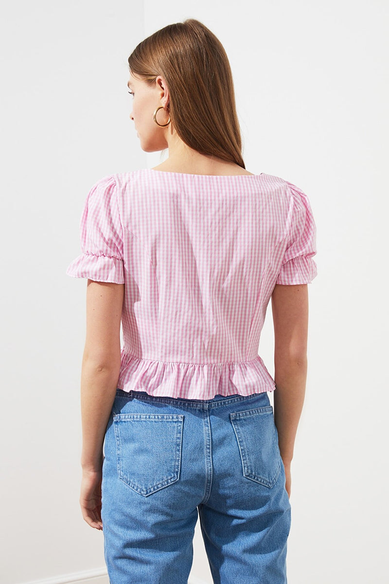 Pink Gingham Button Square Collar Top